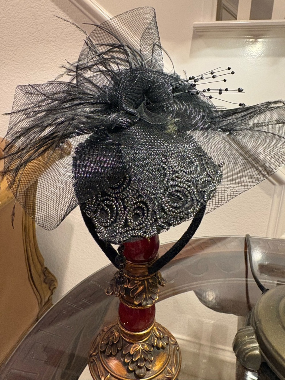 Black Beaded Feather Fascinator Headband by